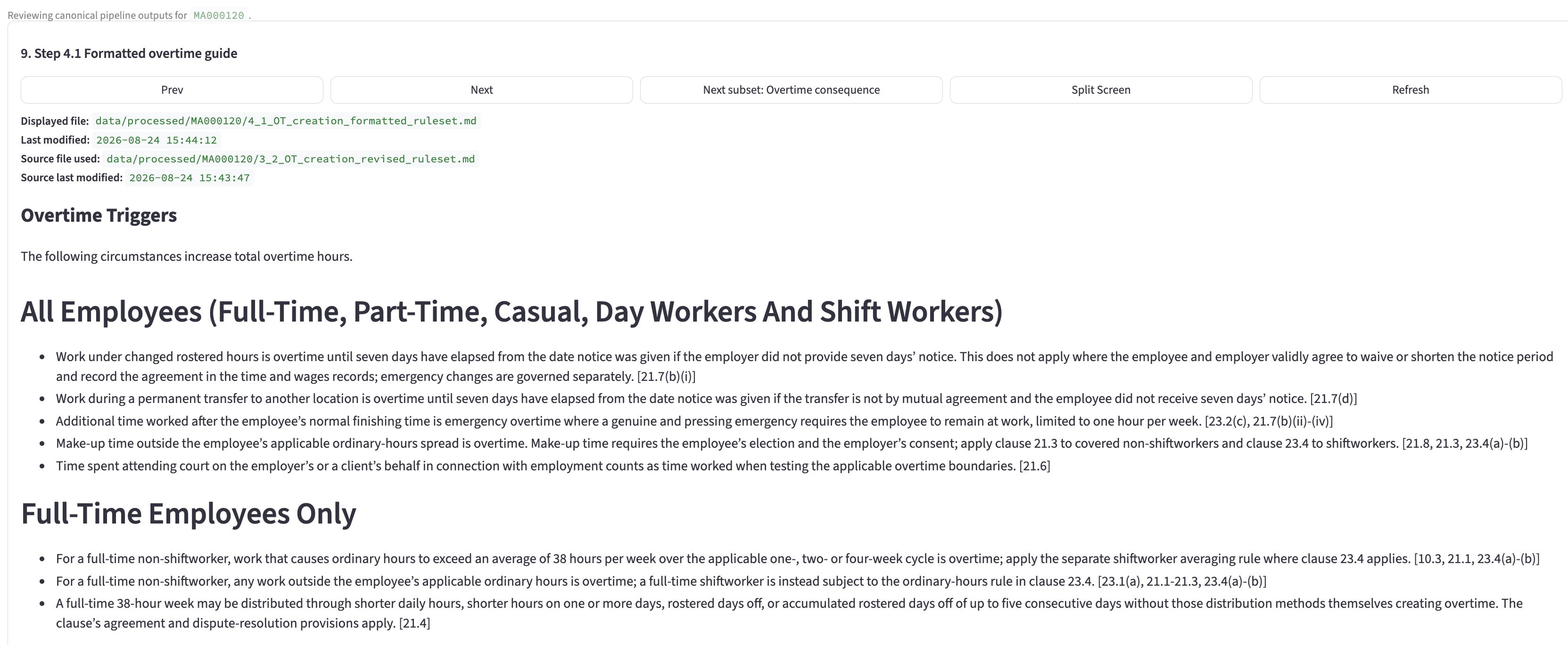 Children’s Services Award formatted overtime guide showing overtime triggers across employee cohorts