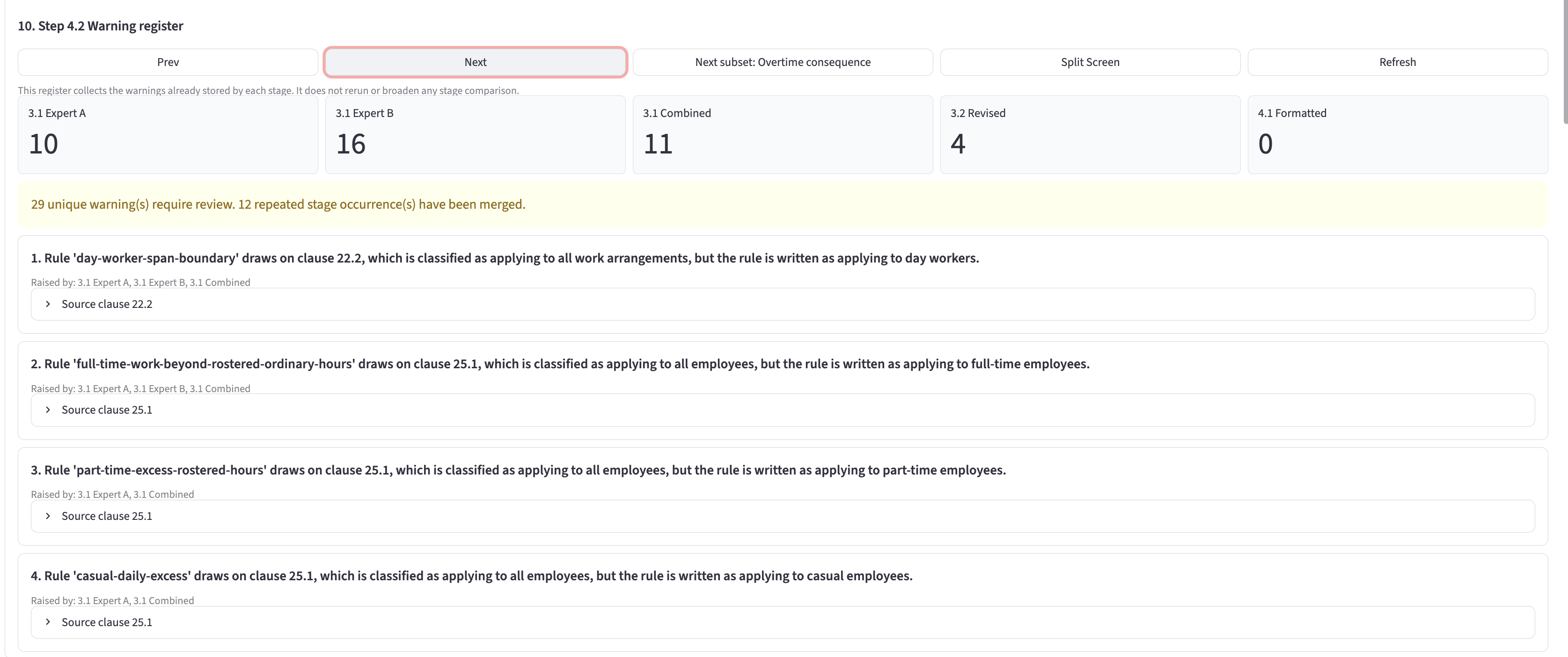 Aged Care Award warning register showing employee-scope mismatches requiring review