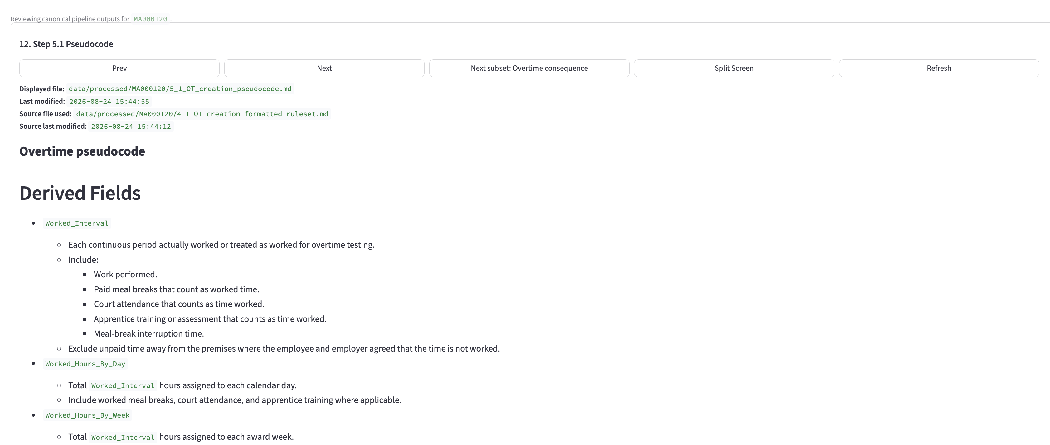 Children’s Services Award overtime pseudocode output defining worked intervals and derived fields