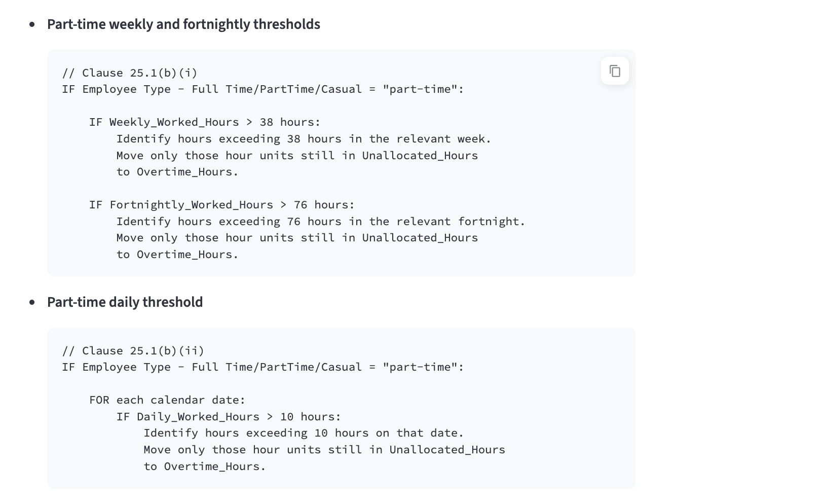 Aged Care Award pseudocode showing explicit tests for part-time weekly, fortnightly and daily overtime thresholds