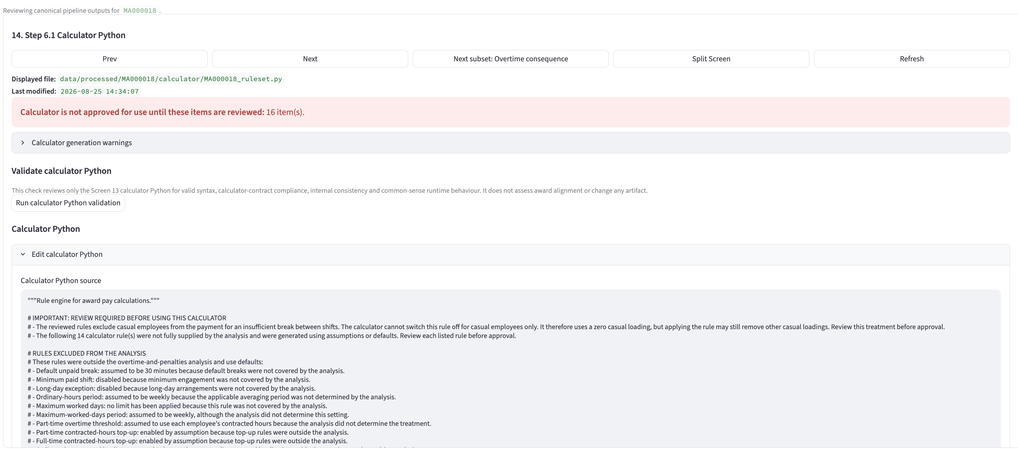Aged Care Award generated calculator Python with review warnings and an editable source view